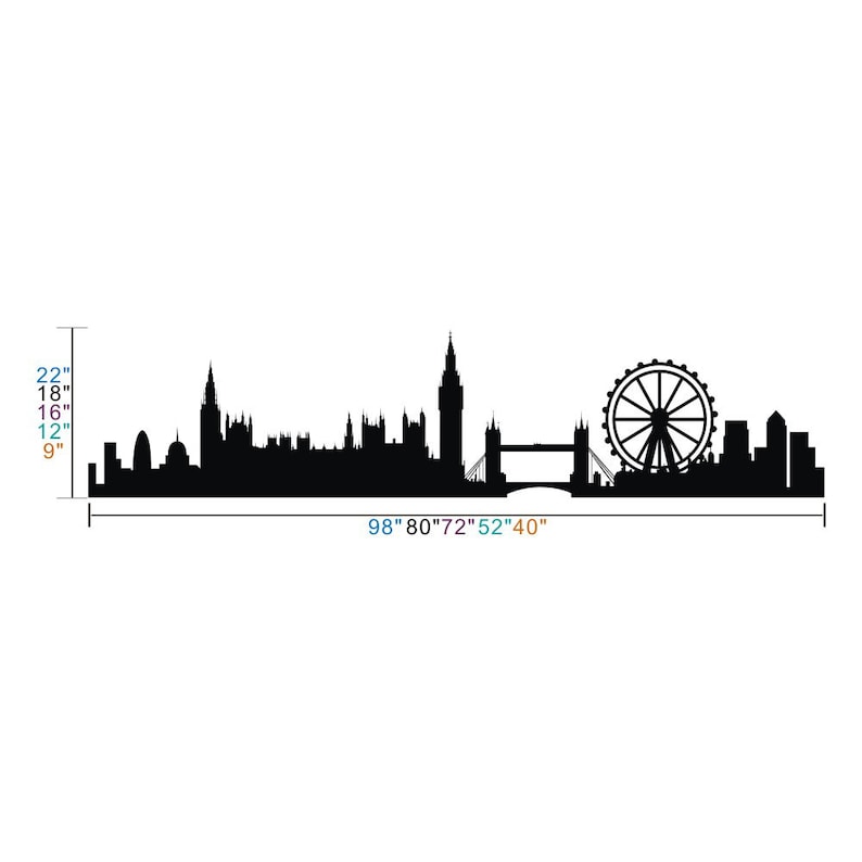 May include: Black and white silhouette of the London skyline, including Big Ben, the London Eye, and Tower Bridge. The skyline is 98 inches wide and 22 inches tall.