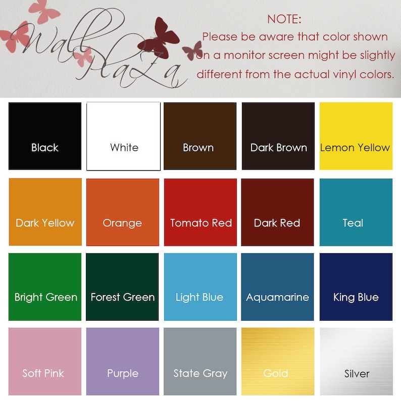 May include: A chart of 15 color swatches with the names of each color listed below. The colors include black, white, brown, dark brown, lemon yellow, dark yellow, orange, tomato red, dark red, teal, bright green, forest green, light blue, aquamarine, king blue, soft pink, purple, state gray, gold, and silver.