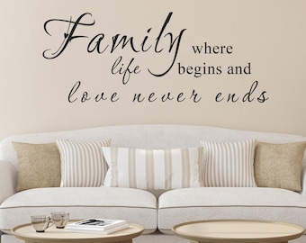 Family Where Life Begins & Love Never Ends Wall Quote Floral Sticker Vinyl Decal Family Inspirational Art Decal Vinyl Sticker- 092