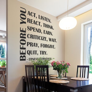 Bevor Sie handeln Zitat Ernest Hemingway Sprüche Vinyl Wand Wandaufkleber - 115