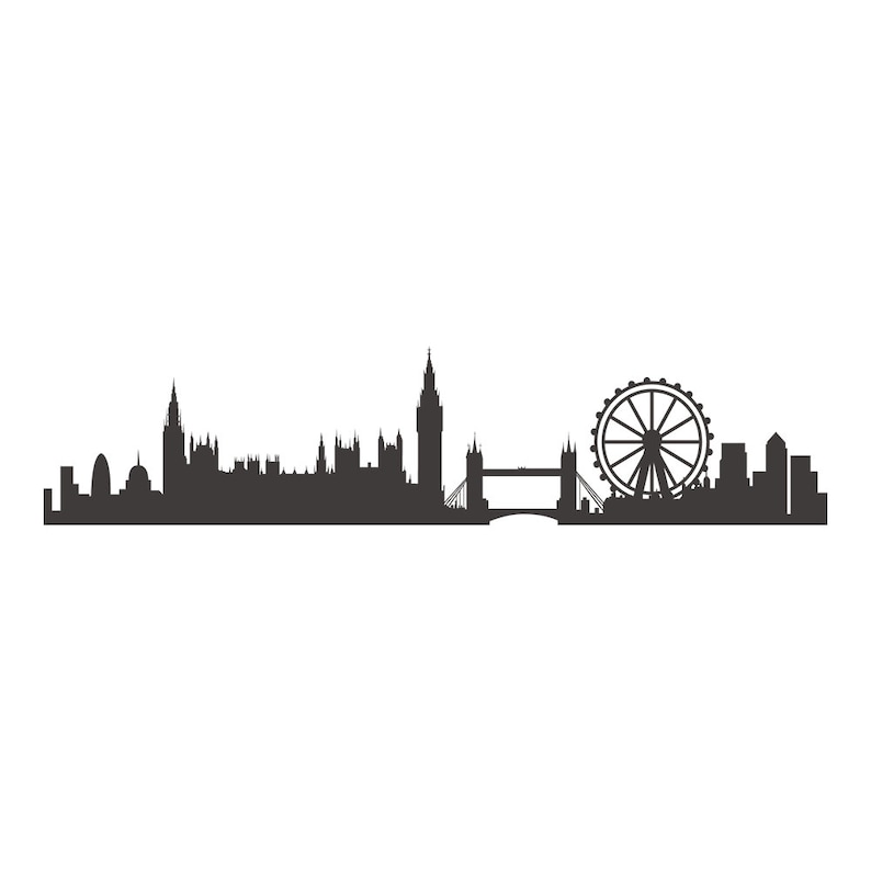 May include: Black silhouette of the London skyline, featuring iconic landmarks like Big Ben, the London Eye, and Tower Bridge.