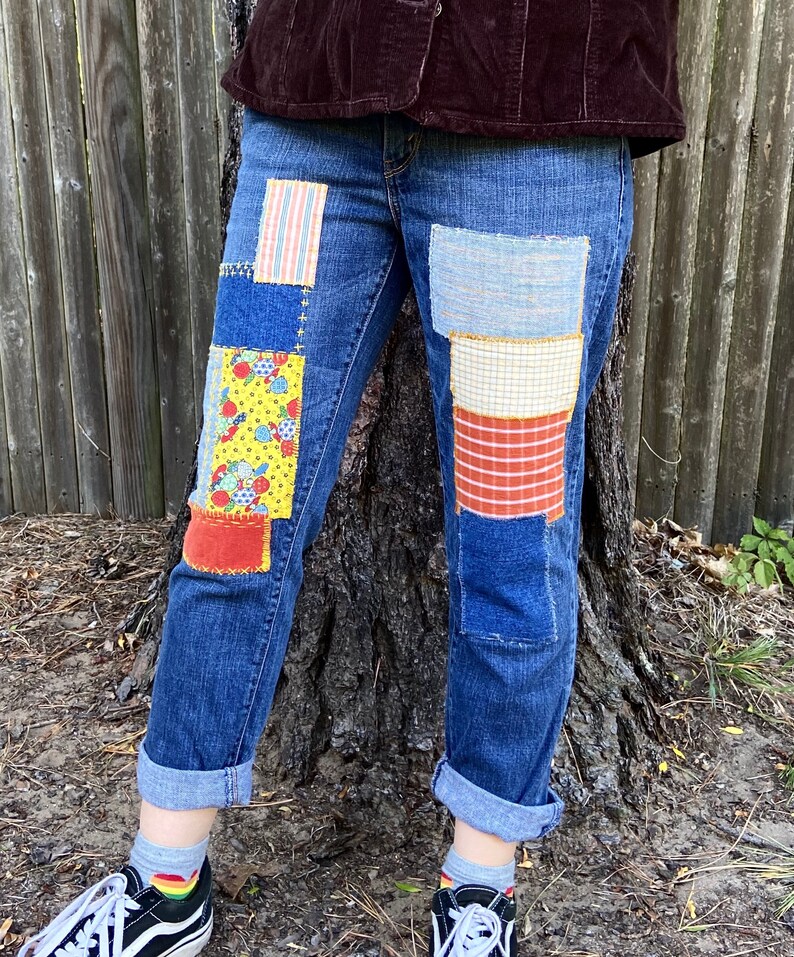 Sashiko style patchwork jeans | Etsy