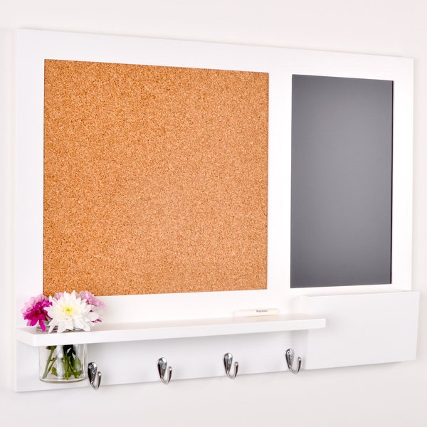 White Pin Board Chalkboard with Hooks, Shelf, Mason Jar and Mail  Holder