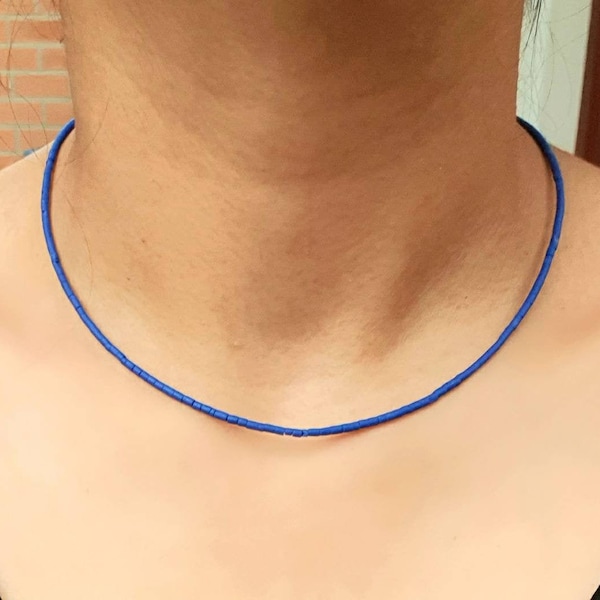 Lapis Lazuli Bleu Marine Tiny Seed Tube Pipe Perle Plain Collier Gemstone Minimaliste Délicat Délicat Simple Bijoux Laiton, 925 Argent Sterling