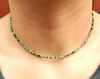 Natural Ruby Zoisite Faceted Rondelle Tiny Seed Beads Necklace Brass, Sterling Silver Delicate Minimalist Dainty Jewelry