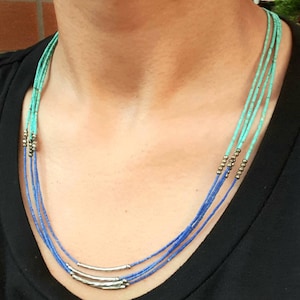 Afghan Top Quality Natural Genuine Turquoise, Lapis Lazuli Tiny Seed Beads Necklace Multi Strands Handmade Minimalist Dainty Jewelry