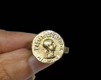 Rare Unique Roman Greek Brass Signet Intaglio Engraved Round Seal Stamp Ring Size 6US Jewelry Vintage Ethnic Art