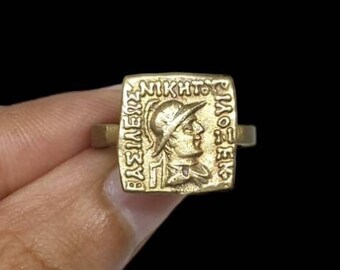 Rare Unique Roman Greek Brass Signet Intaglio Engraved Square Seal Stamp Ring Size 6US Jewelry Vintage Ethnic Art
