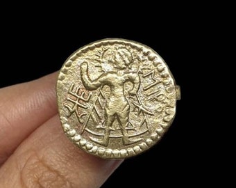 Rare Unique Roman Greek Brass Signet Intaglio Engraved Round Seal Stamp Ring Size 7.5US Jewelry Vintage Ethnic Art