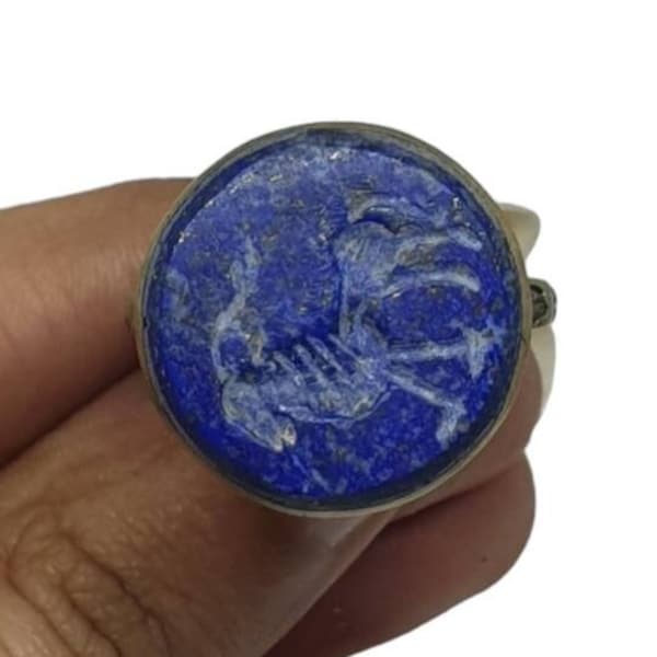 Ancient Old Genuine Lapis Lazuli Round Ring Deer Antique Intaglio Engraved Stamp Seal Signet Silver Plated Size 10.25US Middle East Ethnic