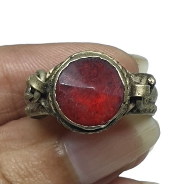 Antique Red Ring Afghan Tribe Old Tribal Kuchi Jewelry Size 8.25US Collectible Statement Vintage Ethnic Gypsy Handmade Middle East Art