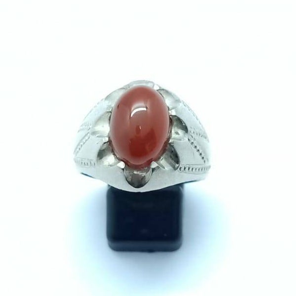 Rare Antique Old Natural Agate Aqeeq Ring Size 11.25US Silver Plated Inlaid Persian Afghan Near Eastern Jewelry Gemstone Vintage Art Ethnic