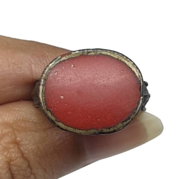 Rare Unique Ancient Genuine Coral Oval Ring Old Antique Signet Size 8.5US Vintage Ethnic Tribal Handmade Gemstone Jewelry Gift for Her Him