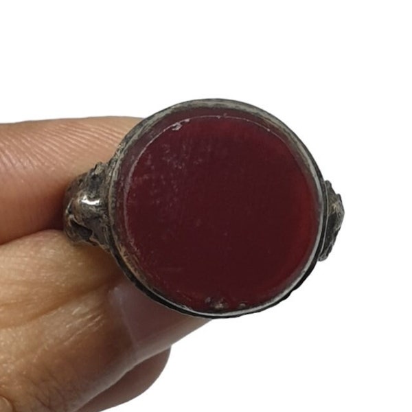 Rare Unique Ancient Genuine Agate Round Ring Old Antique Signet Silver Plated Size 8.25US Vintage Ethnic Tribal Handmade Gemstone Jewelry