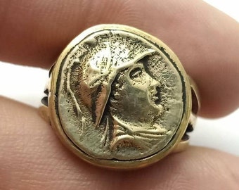 Rare Unique Roman Grec Signet En Laiton Intaglio Gravé Round Coin Bague Taille 6.5US Bijoux vintage Art Ethnique