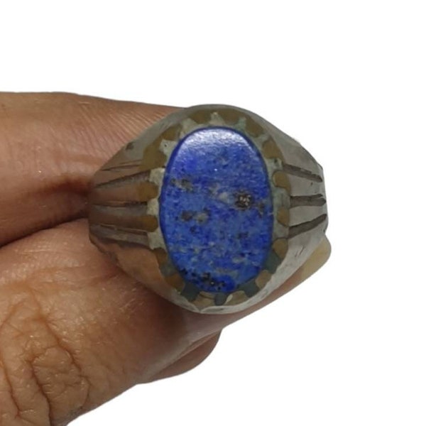 Rare Ancient Genuine Lapis Lazuli Oval Ring Antique Signet Silver Plated Size 8.25US Middle East Art Ethnic Vintage Gemstone Handmade Tribal
