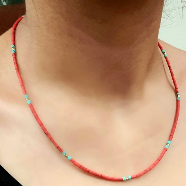 Corail d'Afghanistan, tube turquoise, petites perles de tuyau de cylindre de graine, collier minimaliste simple et délicat, pierres précieuses plaquées or et bijoux en laiton