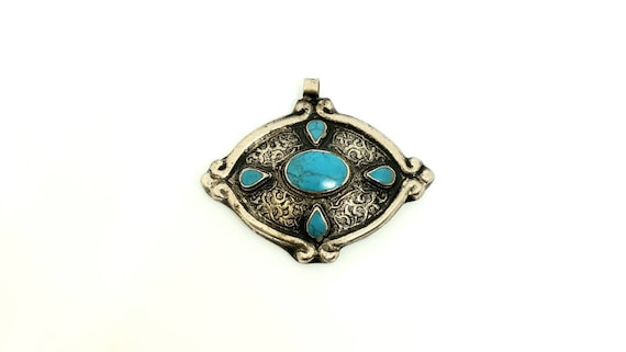 Afghan Turquoise Inlay Silver Plated Pendant Gems… - image 2