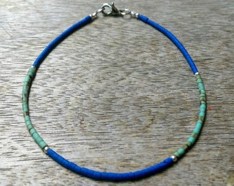 Afghan Lapis Lazuli, Turquoise Tiny Seed Tube Pipe Cylinder Beads Anklet Ankle Bracelet Handmade Gemstone Silver Plated, 925 Sterling Silver