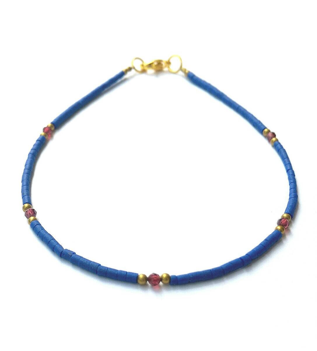 Afghan Garnet, Lapis Lazuli Tiny Seed Tube Pipe Cylinder Beads Dainty Anklet Ankle Bracelet Handmade Gemstone Brass, 925 Sterling Silver