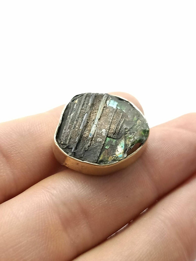 Gold Plated Over Sterling Silver Rare Antique Ancient Old Genuine Iridescent Roman Glass Statement Ring Jewelry Size 6.75US Art Superb