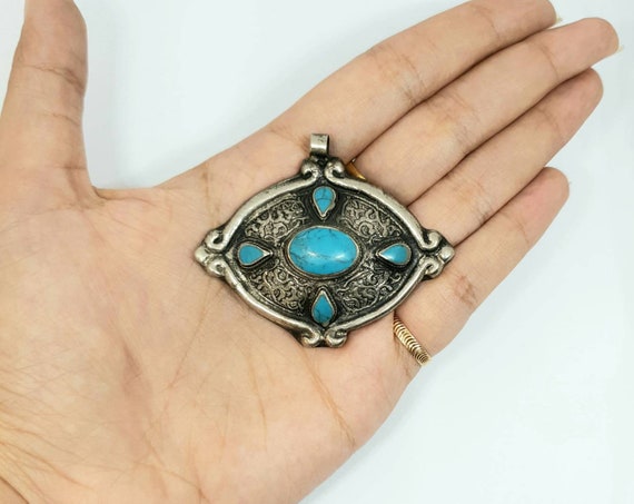 Afghan Turquoise Inlay Silver Plated Pendant Gems… - image 1
