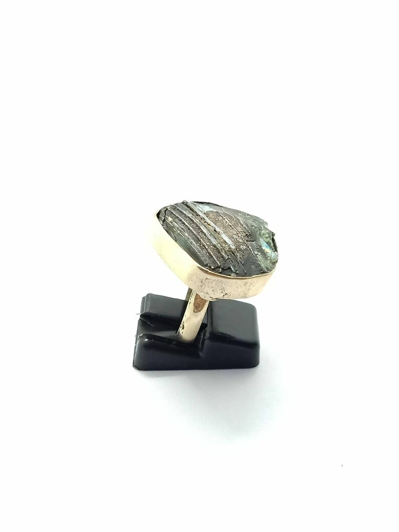 Gold Plated Over Sterling Silver Rare Antique Ancient Old Genuine Iridescent Roman Glass Statement Ring Jewelry Size 6.75US Art Superb