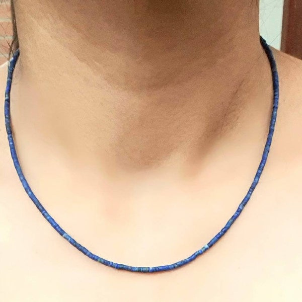 Natural Genuine Top Quality Lapis Lazuli Navy Blue Tiny Seed Tube Pipe Bead Plain Necklace Gemstone Simple Dainty Jewelry Sterling Silver