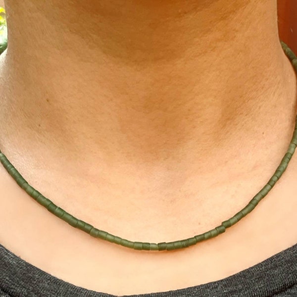 Natural Green Jade Tiny Seed Heishi Mini Tube Stone Bead Choker Plain Simple Necklace Gemstone Minimalist Dainty Brass, 925 Sterling Silver