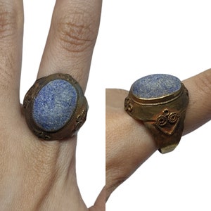 Rare Ancient Genuine Lapis Lazuli Oval Ring Antique Signet Gold Plated Size 10.25US Middle East Art Ethnic Vintage Gemstone Handmade Tribal