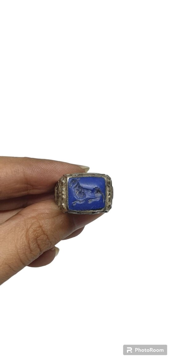 Ancient Genuine Lapis Lazuli Square Ring Animal T… - image 1