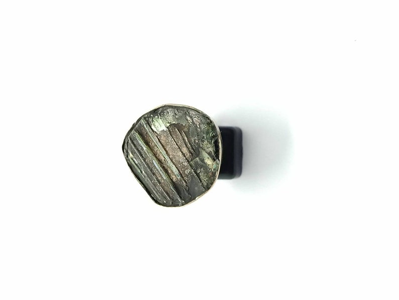 Gold Plated Over Sterling Silver Rare Antique Ancient Old Genuine Iridescent Roman Glass Statement Ring Jewelry Size 6.75US Art Superb