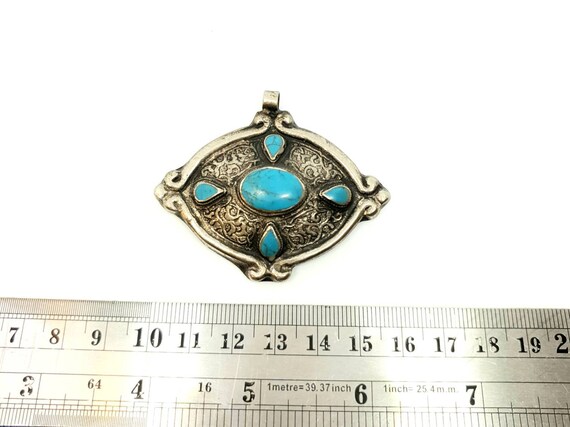 Afghan Turquoise Inlay Silver Plated Pendant Gems… - image 4