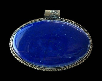 Afghan Natural Lapis Lazuli Oval Shape Inlay Pendant Silver Plated Handmade Gemstone Jewelry Vintage