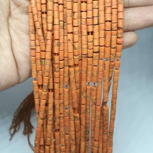 Afghan Tube Orange Coral Semi Precious Gemstone Strand 2-4mm. Spacer Loose Beads Jewelry Making Supplies Necklace, Bracelet Hand Cut