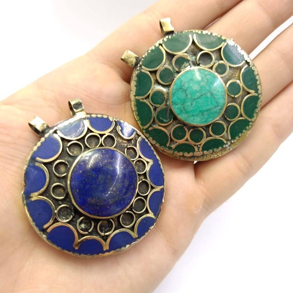 2 Pcs of Afghan Malachite, Lapis Inlay Round Pendant Handmade Gemstone Jewelry Vintage Turkmen Style Statement Bohemian Tribal