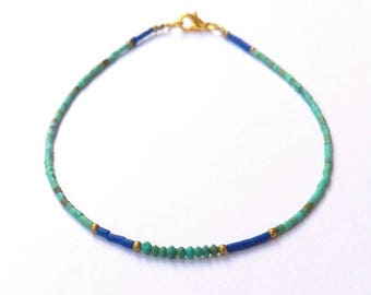 Afghan Natural Turquoise & Lapis Lazuli Tiny Seed Tube Pipe Beads Dainty Anklet Ankle Bracelet Gemstone Jewelry Brass, 925 Sterling Silver