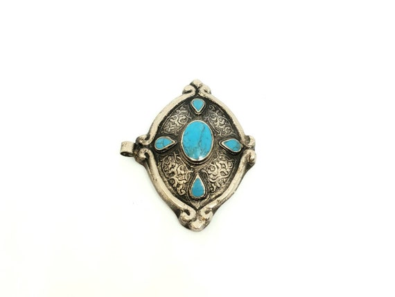 Afghan Turquoise Inlay Silver Plated Pendant Gems… - image 3