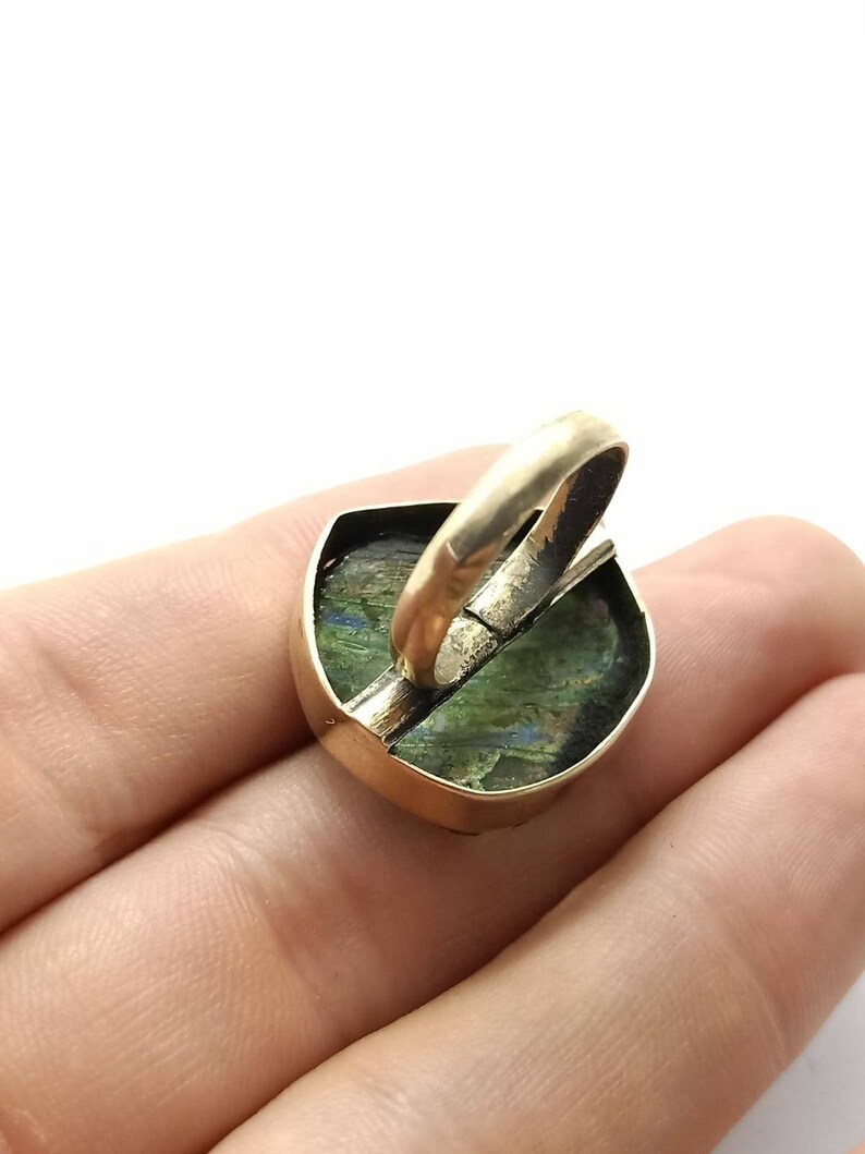 Gold Plated Over Sterling Silver Rare Antique Ancient Old Genuine Iridescent Roman Glass Statement Ring Jewelry Size 6.75US Art Superb