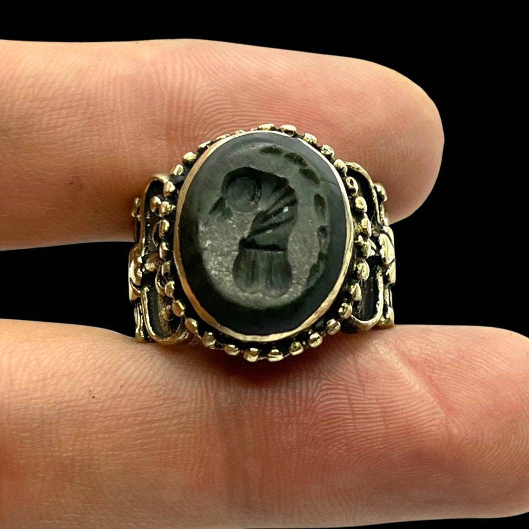 Afghan Natural Jade Size 9.25US Intaglio Engraved Signet Oval Ring Brass Gemstone Jewelry Ethnic Traditional Middle Eastern Vintage