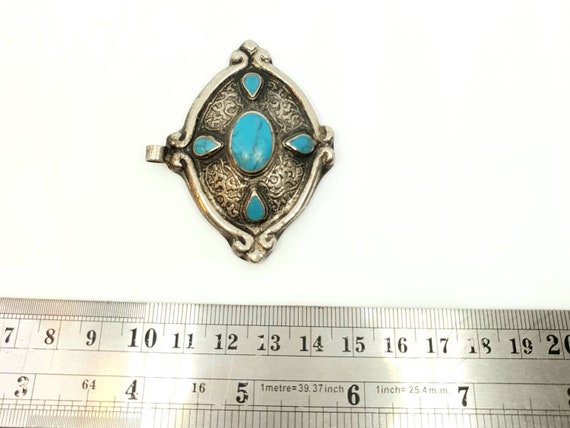 Afghan Turquoise Inlay Silver Plated Pendant Gems… - image 5