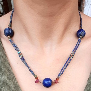 Natural Top Quality Antique Old Genuine Lapis Lazuli Beads with Turquoise, Agate Tiny Seed Tube Necklace Handmade Jewelry Vintage Collection