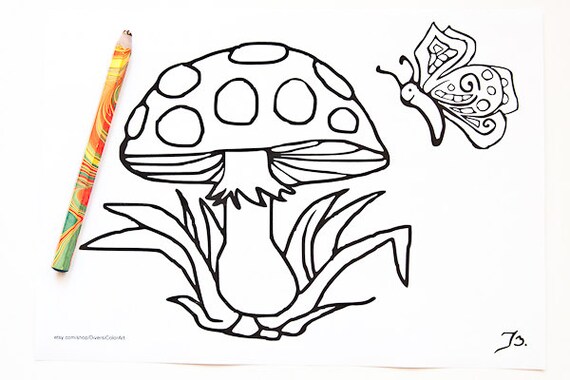 Items similar to Printable Coloring Page, Mushroom, Butterfly