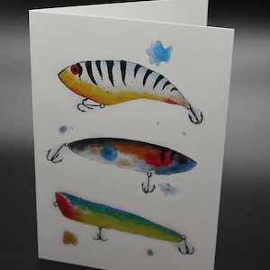 10 pack - Watercolor painting, print of coloful fishing lures. Note cards with included envelopes.