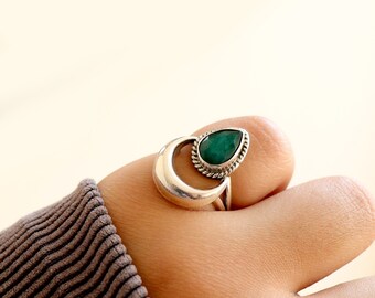 Crescent Moon Ring, Indian Emerald Silver Ring, 925 Sterling Silver Ring, Boho Handmade Silver Jewelry, Bali Design Ring, Gift For Her