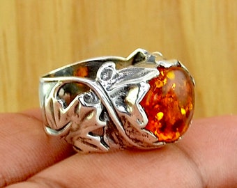 Orange Amber Ring Size 7.5 Designer Ring 925 Silver Plated Jewellery Statement Rings Boho