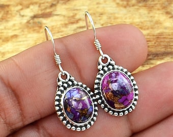 Copper Turquoise Earrings-Copper Purple Turquoise 925 Sterling Silver Round Gemstone Earrings-Dangle Earrings- Earrings-Wedding Gift