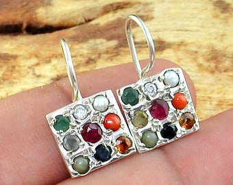 Navratan Earring, Multi Stone 925 Sterling Silver Earring, Handmade Silver Earring, Navratan Silver Jewelry, Designer Handmade Jewelry