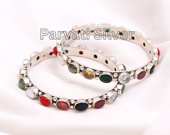 Navratan Bangles, Solid 925 Silver Bangles, Traditional Navratan Bangle, Nine Gemstones Vedic Jewelry, Sold as a Pair