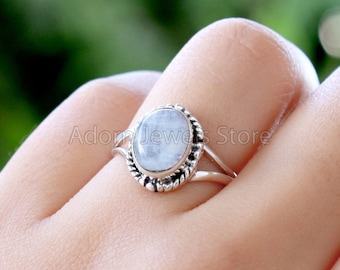 Rainbow Moonstone Ring, Sterling Silver Rings for Women, Boho 925 Sterling Silver with Big Stone, Birthstone Gemstone Ring Jewelry
